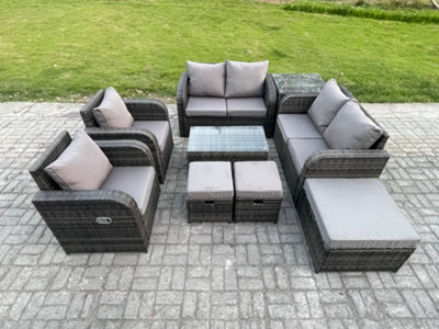B&Q -  9 Seater Rattan Garden Furniture Set Patio Outdoor Lounge Sofa Set With Rectangular Coffee Table 3 Footstools Side Table
