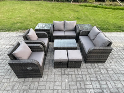 B&Q -  8 Seater Rattan Garden Furniture Set Patio Outdoor Lounge Sofa Set With Rectangular Coffee Table 2 Small Footstools