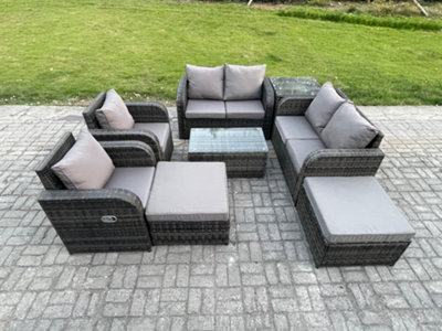 B&Q -  8 Seater Rattan Garden Furniture Set Patio Outdoor Lounge Sofa Set With Rectangular Coffee Table 2 Big Footstool Love Sofa