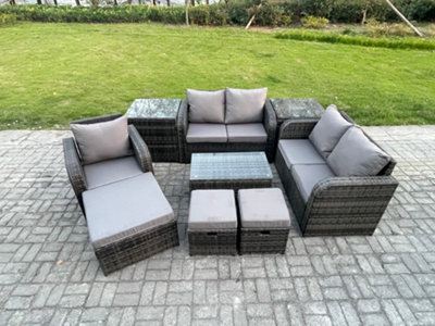 B&Q -  8 Seater Rattan Garden Furniture Set With Loveseat Sofa Coffee Table 3 Footstools 2 Side Tables Indoor Outdoor