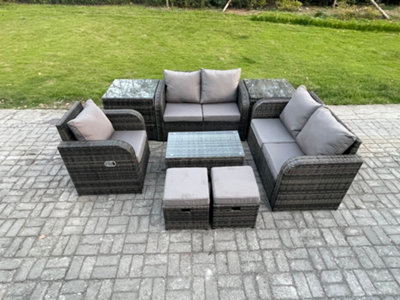 B&Q -  7 Seater Rattan Garden Furniture Set With Loveseat Sofa Coffee Table 2 Small Footstools 2 Side Tables Indoor Outdoor