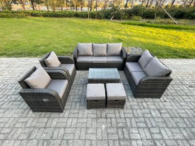 B&Q -  9 Seater Rattan Wicker Garden Furniture Patio Sofa Set With Rectangular Coffee Table 2 Small Footstools