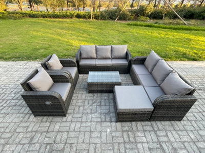 Fimous Rattan Outdoor Garden Furniture Sofa Set Patio Table & Chairs Set With 3 Seater Sofa Reclining Chair Big Footstool