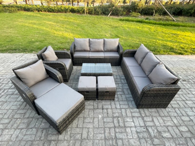 Fimous Rattan Outdoor Garden Furniture Sofa Set Patio Table & Chairs Set With Reclining Chair 3 Footstools 3 Seater Sofa