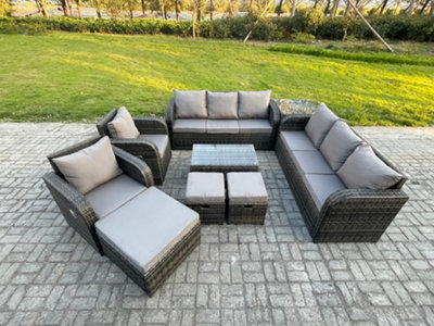 Fimous Rattan Outdoor Garden Furniture Sofa Set Patio Table & Chairs Set With 3 Seater Sofa Reclining Chair 3 Footstools