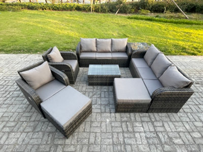 B&Q -  10 Seater Rattan Outdoor Garden Furniture Sofa Set Patio Table & Chairs Set With 3 Seater Sofa Reclining Chair