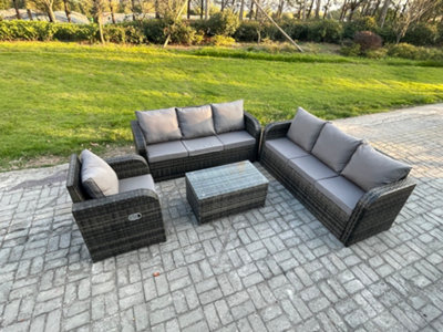 Fimous 7 Seater Rattan Outdoor Garden Furniture Sofa Set Patio Table & Chairs Set With 3 Seater Sofa Reclining Chair from B&Q
