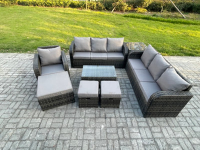 Fimous 10 Seater Rattan Lounge Sofa Set Outdoor Garden Furniture Set With Rectangular Coffee Table 3 Seater Sofa