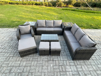Fimous 10 Seater Rattan Lounge Sofa Set Outdoor Garden Furniture Set With Rectangular Coffee Table 3 Seater Sofa