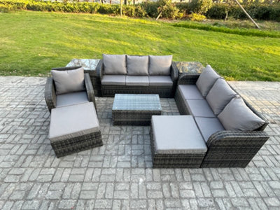 Fimous 9 Seater Rattan Lounge Sofa Set Outdoor Garden Furniture Set With Rectangular Coffee Table Side Tables