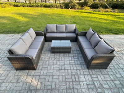 B&Q -  Rattan Lounge Sofa Set 9 Seater Outdoor Garden Furniture Set With Rectangular Coffee Table 3 Seater Sofa Dark Grey Mixed