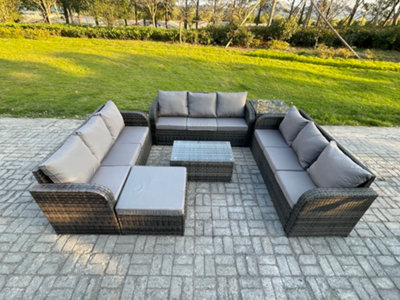 B&Q -  Rattan Lounge Sofa Set Outdoor Garden Furniture Set With Rectangular Coffee Table 3 Seater Sofa Big Footstool Side Table
