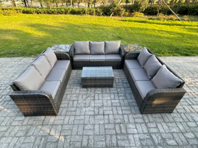 B&Q -  Rattan Lounge Sofa Set 9 Seater Outdoor Garden Furniture Set With Rectangular Coffee Table 3 Seater Sofa 2 Side Tables