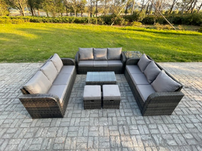 Fimous Rattan Lounge Sofa Set Outdoor Garden Furniture Set With Rectangular Coffee Table 3 Seater Sofa Side Table Footstools