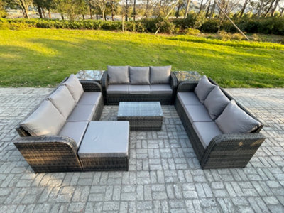 Fimous Rattan Lounge Sofa Set 10 Seater Outdoor Garden Furniture Set With Rectangular Coffee Table 3 Seater Sofa Big Footstool