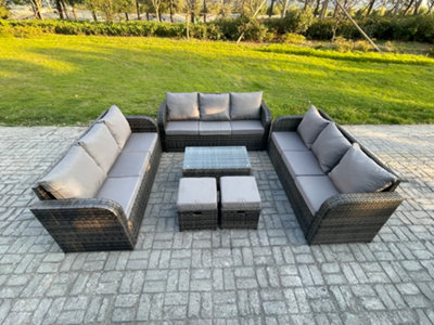 B&Q -  Rattan Lounge Sofa Set 11 Seater Outdoor Garden Furniture Set With Rectangular Coffee Table 3 Seater Sofa 2 Footstools