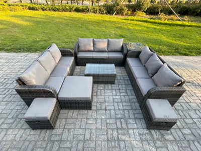 Fimous Rattan Lounge Sofa Set 12 Seater Outdoor Garden Furniture Set With Rectangular Coffee Table 3 Seater Sofa 3 Footstools