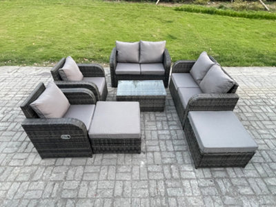 Fimous 8 Seater Garden Furniture Set Rattan Outdoor Lounge Sofa Chair With Tempered Glass Table 2 Big Footstool Dark Grey Mixed from B&Q