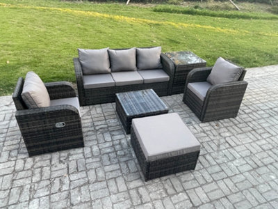 Fimous Garden Furniture Sets 6 Seater Wicker Rattan Furniture Patio Sofa Sets With Reclining Chair 3 Seater Sofa Footstool Dark/Grey