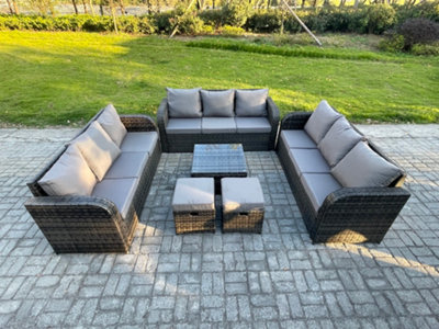 B&Q -  11 Seater Rattan Outdoor Furniture Set Patio Garden Sofa Set With Square Coffee Table 3 Seater Sofa Dark Grey Mixed