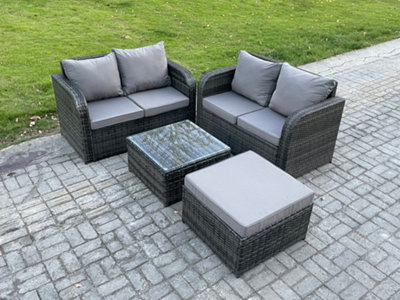 B&Q -  Rattan Sofa Set Outdoor Garden Furniture Set With Square Coffee Table Loveseat Sofa Big Footstool Dark Grey Mixed