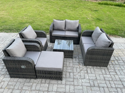 Fimous Rattan Sofa Set Outdoor Garden Furniture Set With Square Coffee Table Loveseat Sofa Reclining Chairs Big Footstool