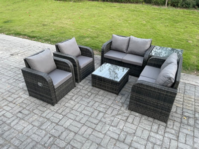 Fimous 6 Seater Rattan Sofa Set Outdoor Garden Furniture Set With Square Coffee Table Loveseat Sofa Reclining Chairs