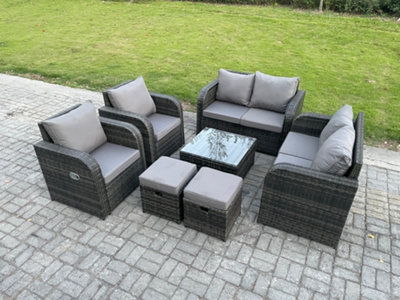 B&Q -  Garden Furniture Set Rattan Outdoor Lounge Sofa Chair With Tempered Glass Table 2 Small Footstools Dark Grey Mixed