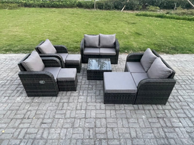 Fimous Garden Furniture Set Rattan Outdoor Lounge Sofa Chair With Tempered Glass Table 3 Footstools Mixed Dark/Grey