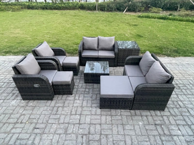 Fimous Garden Furniture Set Rattan Outdoor Lounge Sofa Chair With Tempered Glass Table 3 Footstools Side Table