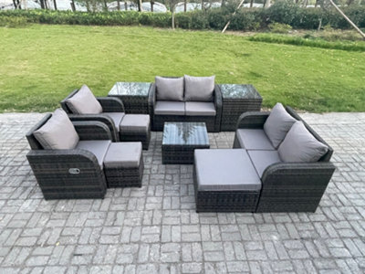 Fimous Garden Furniture Set Rattan Outdoor Lounge Sofa Chair With Tempered Glass Table 3 Footstools 2 Side Tables