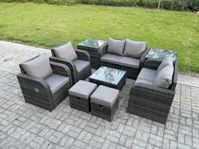 Fimous Garden Furniture Set Rattan Outdoor Lounge Sofa Chair With Tempered Glass Table 2 Small Footstools 2 Side Tables