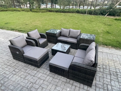Fimous Garden Furniture Set Rattan Outdoor Lounge Sofa Chair With Tempered Glass Table 2 Big Footstool 2 Side Tables