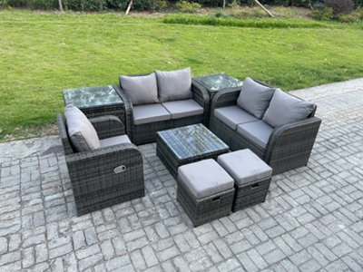 B&Q -  Pe Rattan Garden Furniture Sets Outdoor Love Sofa Chair Set Square Coffee Table 2 Side Tables 2 Small Footstools