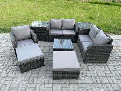 B&Q -  Pe Rattan Garden Furniture Sets Outdoor Love Sofa Chair Set Square Coffee Table 2 Side Tables 2 Big Footstool