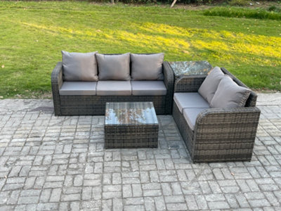 Fimous Pe Rattan Garden Furniture Sets 5 Seater Outdoor Lounge Sofa Set Square Coffee Table Side Table