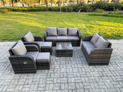 Fimous 9 Seater Garden Furniture Set Rattan Outdoor Lounge Sofa Chair With Tempered Glass Table 2 Small Footstools from B&Q