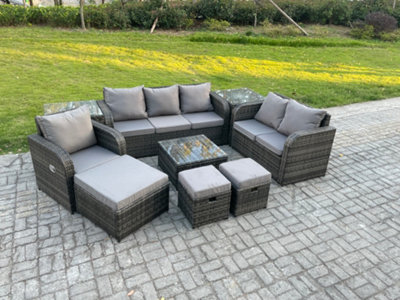 B&Q -  Rattan Garden Furniture 9 Piece Patio Set With Table Sofa Square Coffee Table Reclining Chair Side 3 Seater Sofa