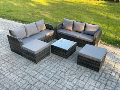 B&Q -  Indoor Outdoor Rattan Garden Furniture 8 Seater Set Table Sofa Chair Patio Conservatory With Grey Cushions 2 Big Footstool