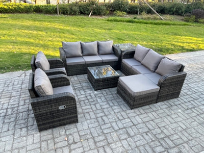 Fimous High Back Rattan Garden Furniture Set With Coffee Table Big Footstool Side Table Patio Lounge Sofa Set Dark Grey Mixed from B&Q