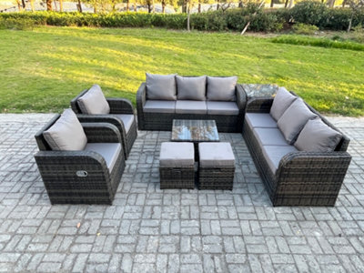 B&Q -  High Back Rattan Garden Furniture Set With Square Coffee Table Side Table 2 Small Footstools Patio Lounge Sofa Set