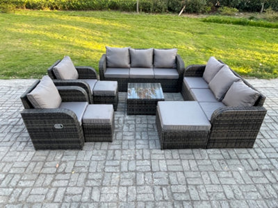 B&Q -  High Back Rattan Garden Furniture Set With Square Coffee Table 3 Footstools Patio Lounge Sofa Set Dark Grey Mixed