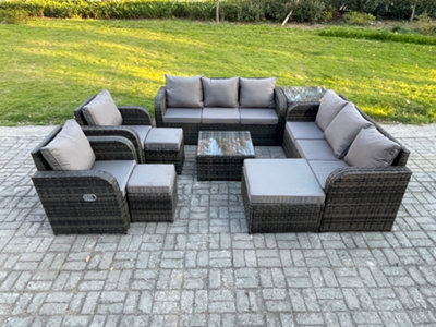 B&Q -  High Back Rattan Garden Furniture Set With Square Coffee Table 3 Footstools Side Table Patio Lounge Sofa Set