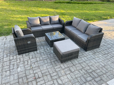 Fimous Outdoor Rattan Garden Furniture Set Conservatory Patio Sofa Coffee Table With Reclining Chair Big Footstool from B&Q