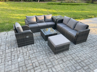 Fimous Outdoor Rattan Garden Furniture Set Conservatory Patio Sofa Coffee Table With Reclining Chair Big Footstool Side Table from B&Q