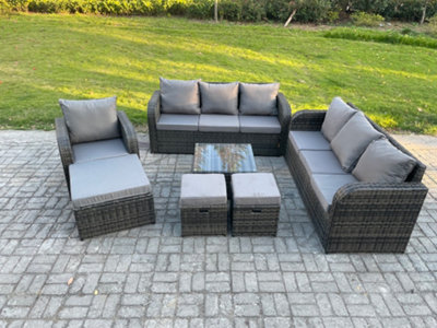 Fimous Outdoor Rattan Garden Furniture Set Conservatory Sofa Coffee Table With Reclining Chair 3 Footstools Dark Grey Mixed from B&Q