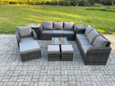 Fimous 10 Seater Outdoor Rattan Garden Furniture Set Conservatory Patio Sofa Coffee Table With Reclining Chair 3 Footstools from B&Q