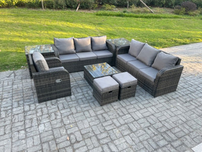 Fimous 9 Seater Outdoor Rattan Garden Furniture Set Conservatory Patio Sofa Coffee Table With Reclining Chair 2 Small Footstools