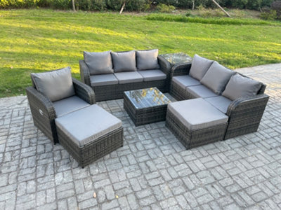 Fimous 9 Seater Outdoor Rattan Garden Furniture Set Conservatory Patio Sofa Coffee Table With Reclining Chair 2 Big Footstool