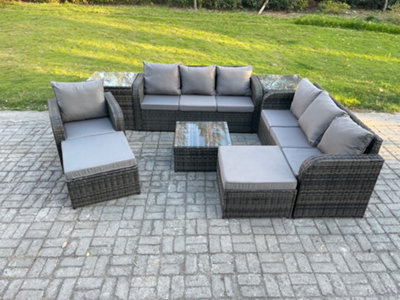 Fimous 9 Seater Outdoor Rattan Garden Furniture Set Conservatory Patio Sofa Coffee Table With Reclining Chair Footstool from B&Q